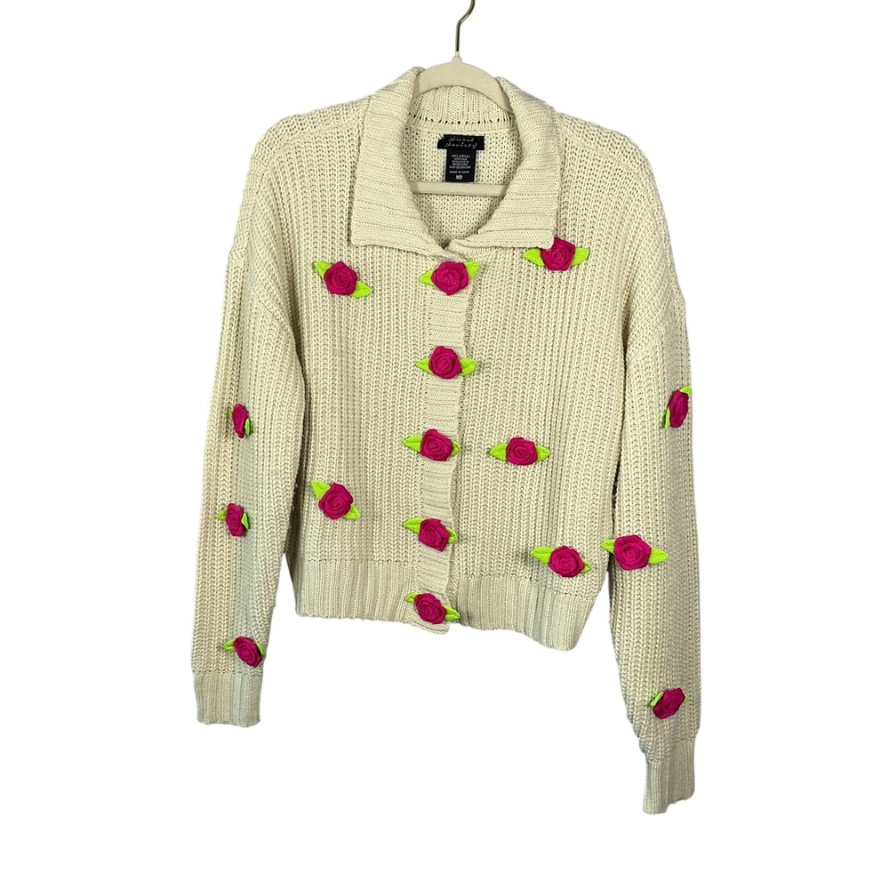 Sweet Society Cream Chunky Knit Cardigan 3D Pink Ribbon Rose Snap Front MD